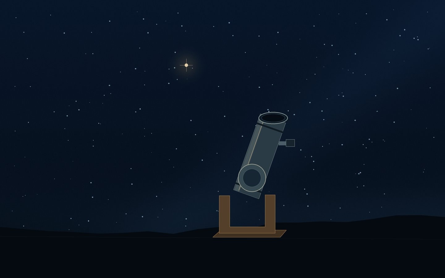 A compact reflecting telescope beneath a bright star in a sparse night sky