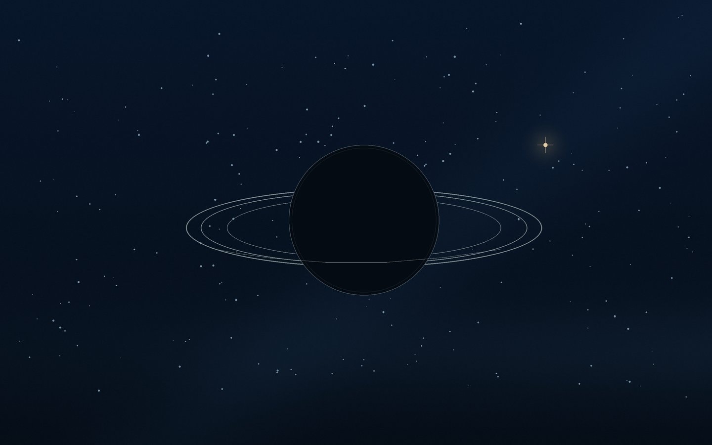 A dim ringed body silhouetted against a deep blue star field
