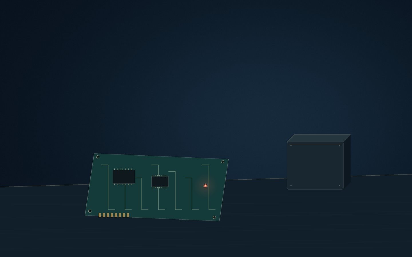 Bare circuit board with a glowing red LED beside a dark camera housing