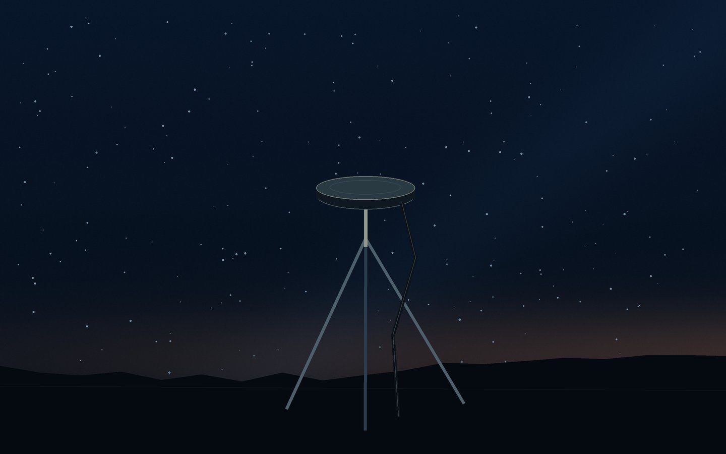 A plain GPS antenna puck on a tripod beneath a blue dusk sky