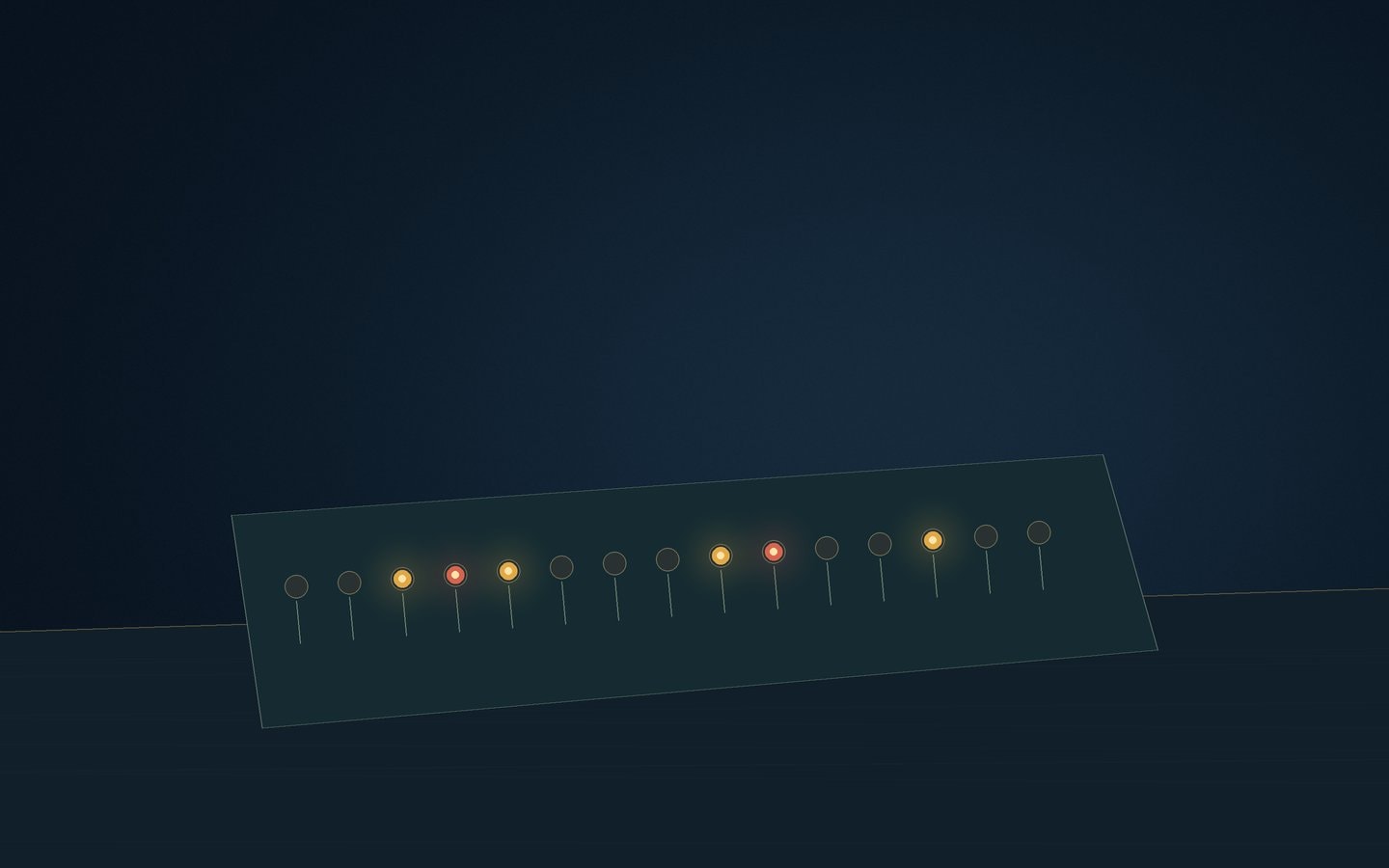 Row of tiny red and amber LEDs on a dark board with several lights illuminated